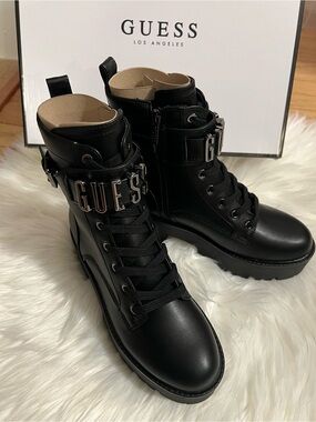 GUESS Black Lace-Up Platform Combat Boots with Logo Strap
